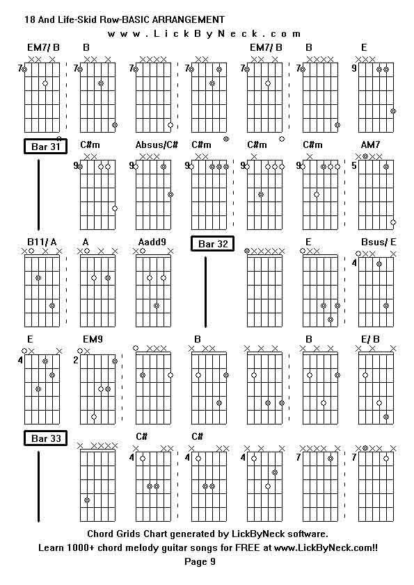 Chord Grids Chart of chord melody fingerstyle guitar song-18 And Life-Skid Row-BASIC ARRANGEMENT,generated by LickByNeck software.